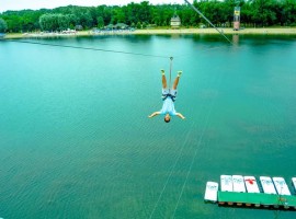 Zipline at Ada Ciganlija - upside-down hanging guy